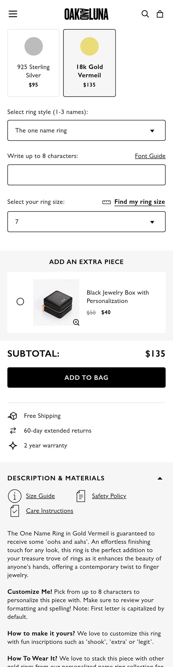 Jewelry product options include: ring for The One Name Ring - Gold Vermeil from Oak & Luna.