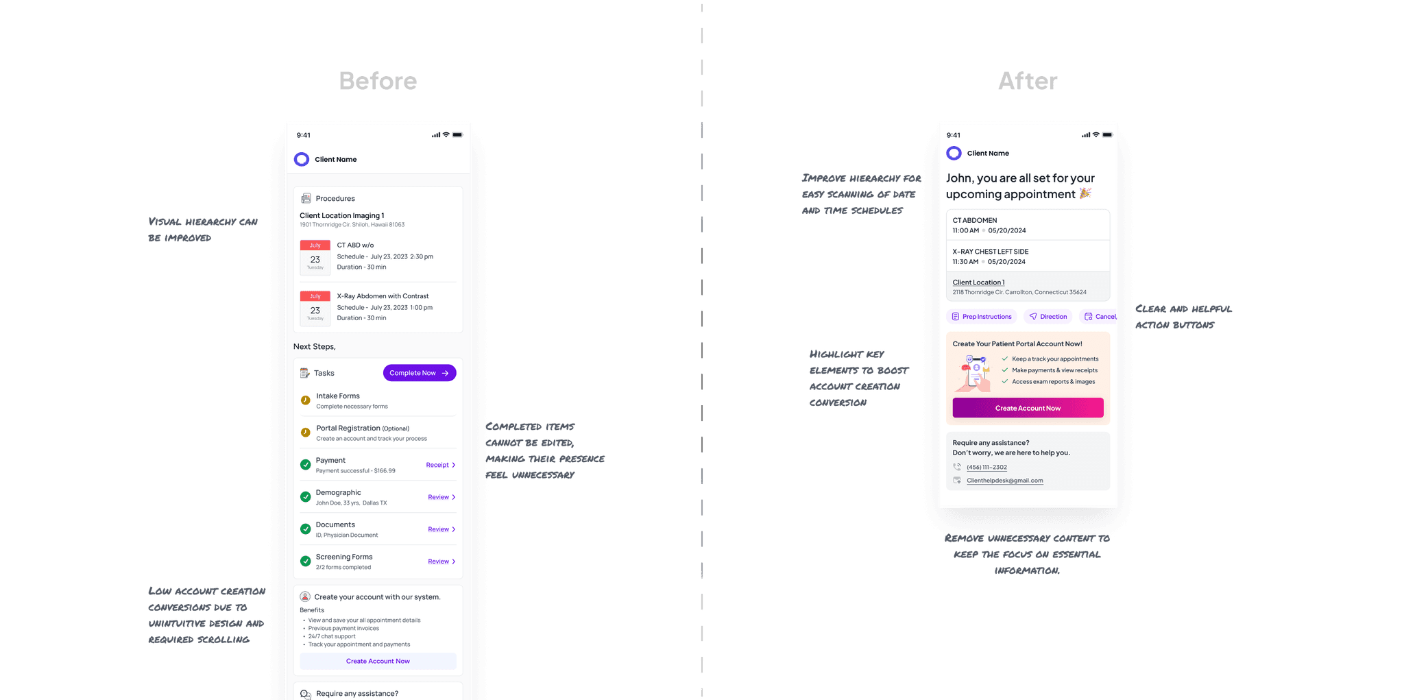 before and after ui screens of the final review section with annotation of design thinking.