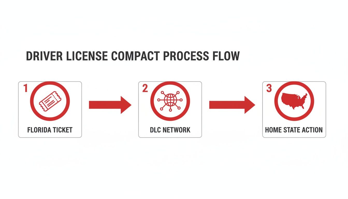 Flowchart illustrating the Driver License Compact process: Florida ticket, DLC Network, and Home State Action.