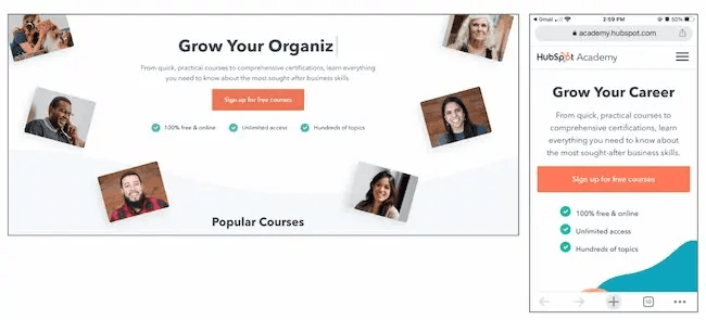 HubSpot Academy webpage highlighting career growth courses.