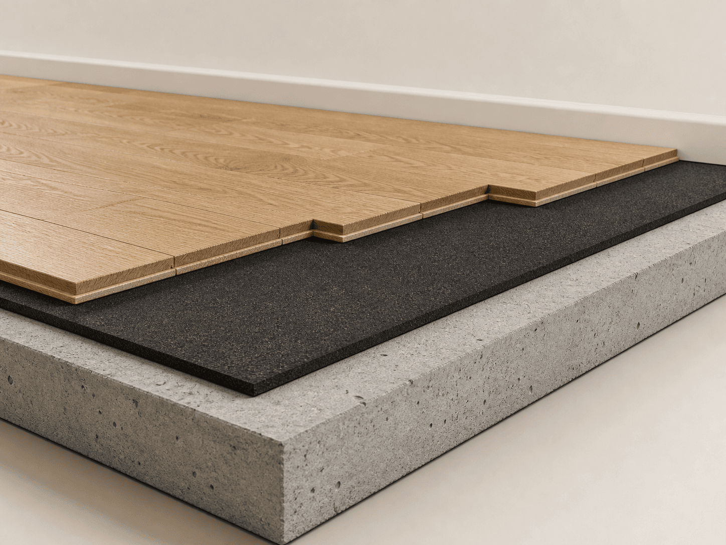 Coupe technique d'un parquet, d'une sous-couche acoustique et d'un support porteur