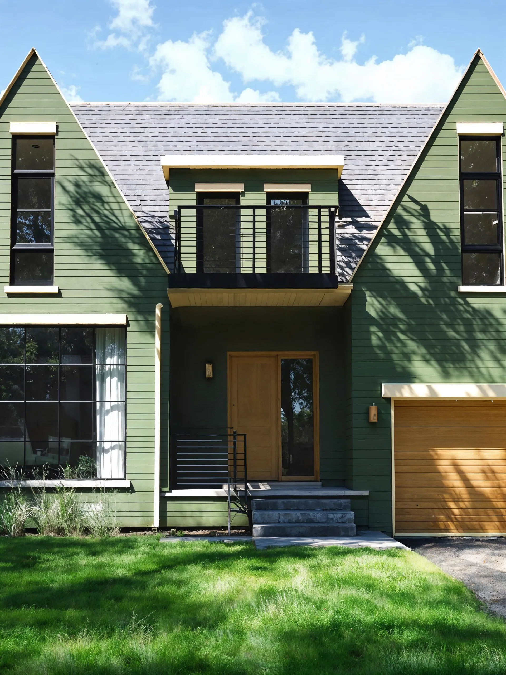Realistic render of a green-painted suburban house with gabled roof and garden view.