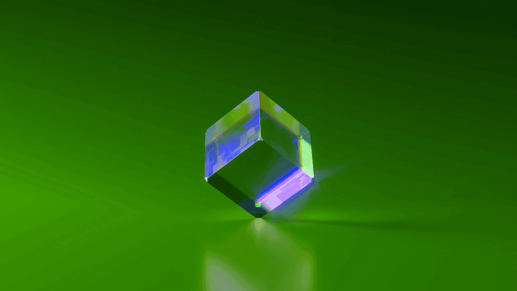 Glass cube with purple reflections on a green background, representing new Shopify B2B features