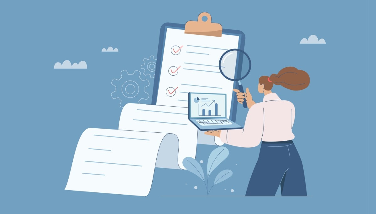Illustration of a professional analyzing charts and checklists with a magnifying glass and laptop.