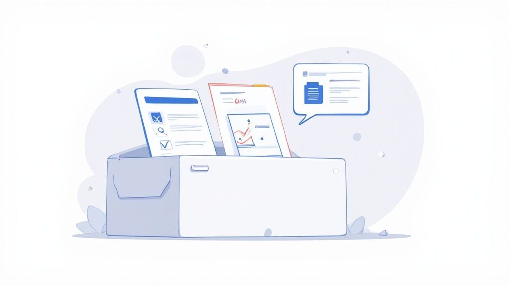 Illustration of a file box containing documents related to surveys, reports, and data analysis.