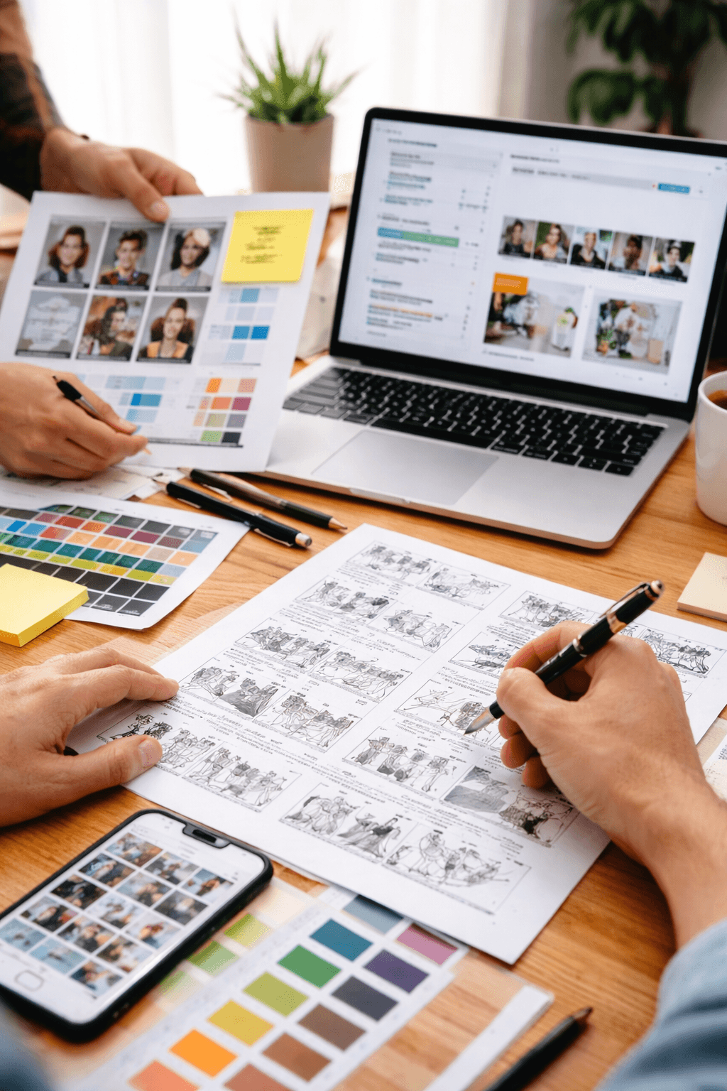 Woman in a beige turtleneck by an old computer and TV, retro 80s office portrait.