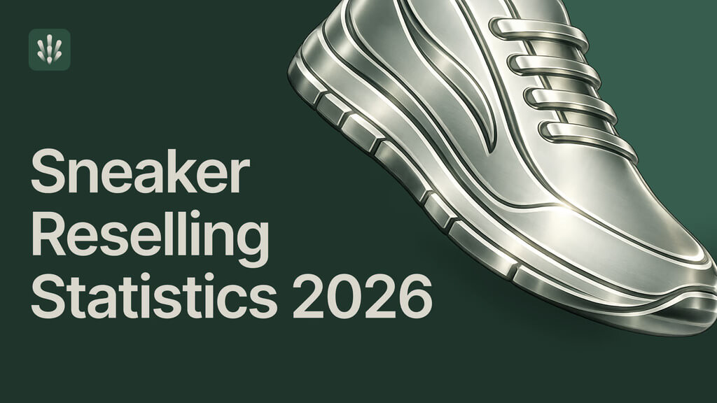 Sneaker Reselling Statistics 2026 blog banner featuring a stylized metallic silver sneaker in right hand side on a dark green background. In the top left corner, there is a small, subtle HypeProxies brand logo shaped like an abstract cream-colored leaf enclosed in a rounded square.