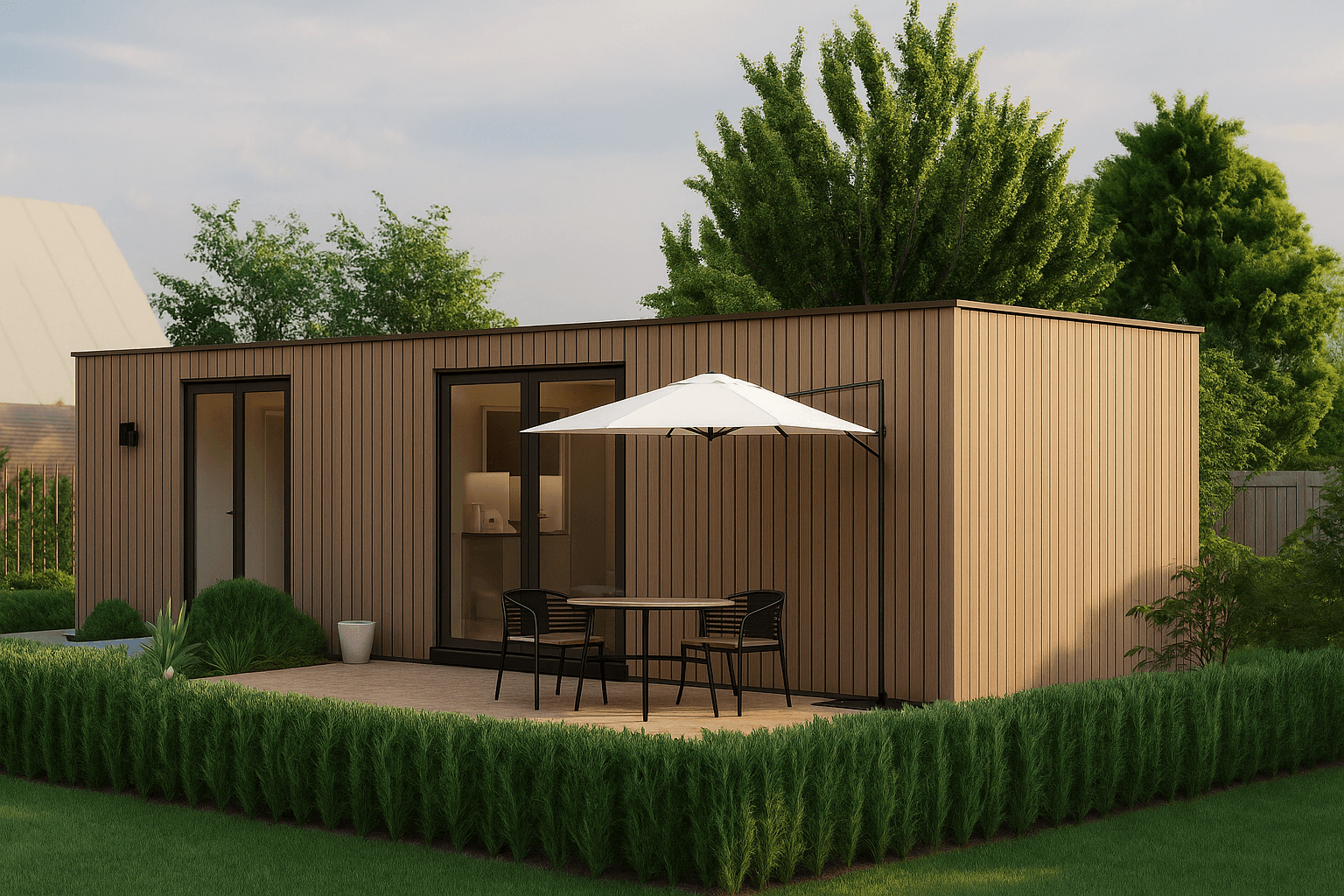 Luxe modern tuinkantoor met houten gevel en openslaande deuren in Friesland