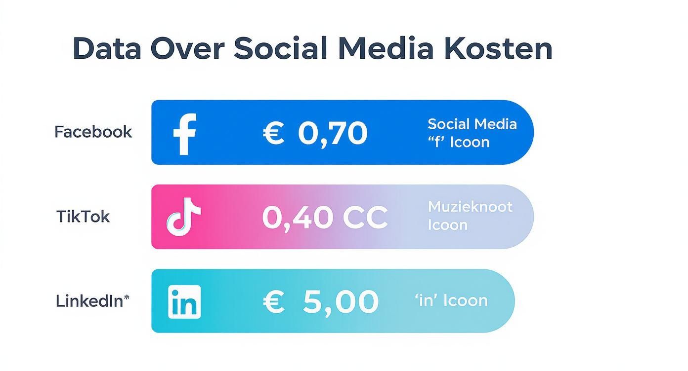 Een infographic toont de gemiddelde kosten voor adverteren op sociale media: Facebook, TikTok en LinkedIn.