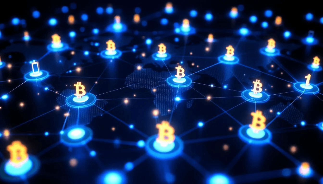 The image depicts a global network of interconnected computers arranged in a web pattern, symbolizing the decentralized Bitcoin network. This visual representation highlights how Bitcoin operates through secure transactions, enabling users to send and receive digital currency without the need for central authority or traditional financial institutions.