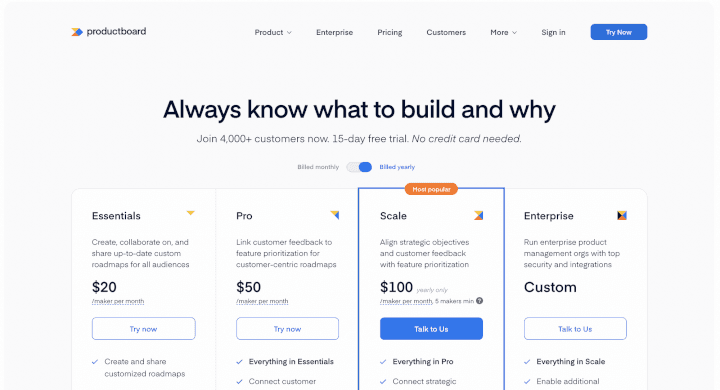 Productboard's pricing page