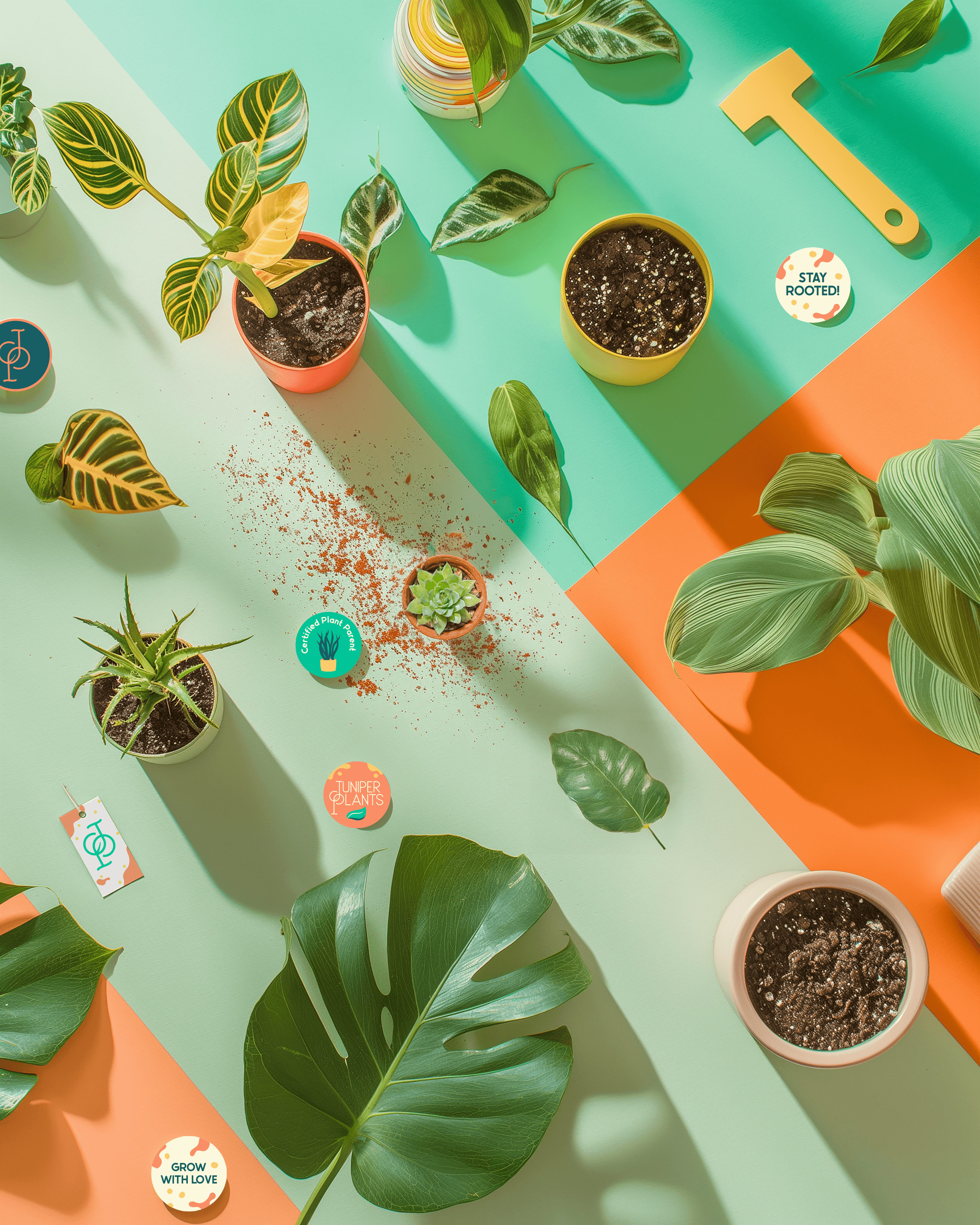birds eye view of branded stickers and potted plants
