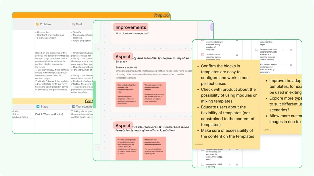 Various sticky notes and documents, displaying detailed feedback, goals, and improvements drawn from user testing