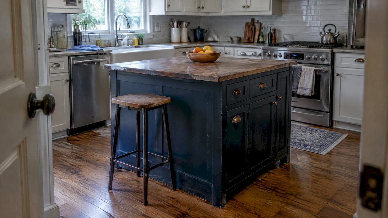 Freestanding single-level island in compact kitchen
