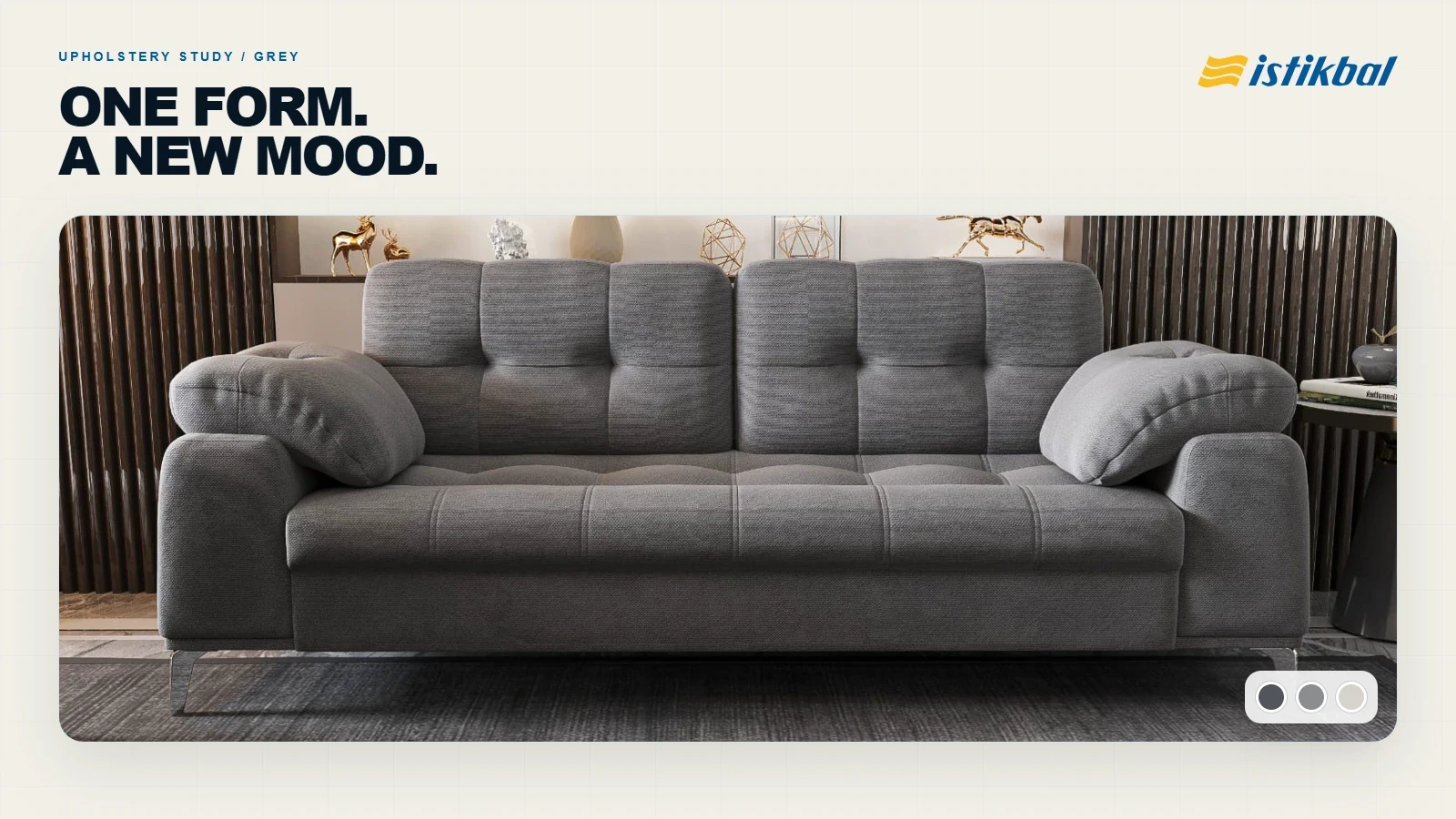 Front-facing photorealistic render of a modern grey upholstered sofa with detailed fabric materials.
