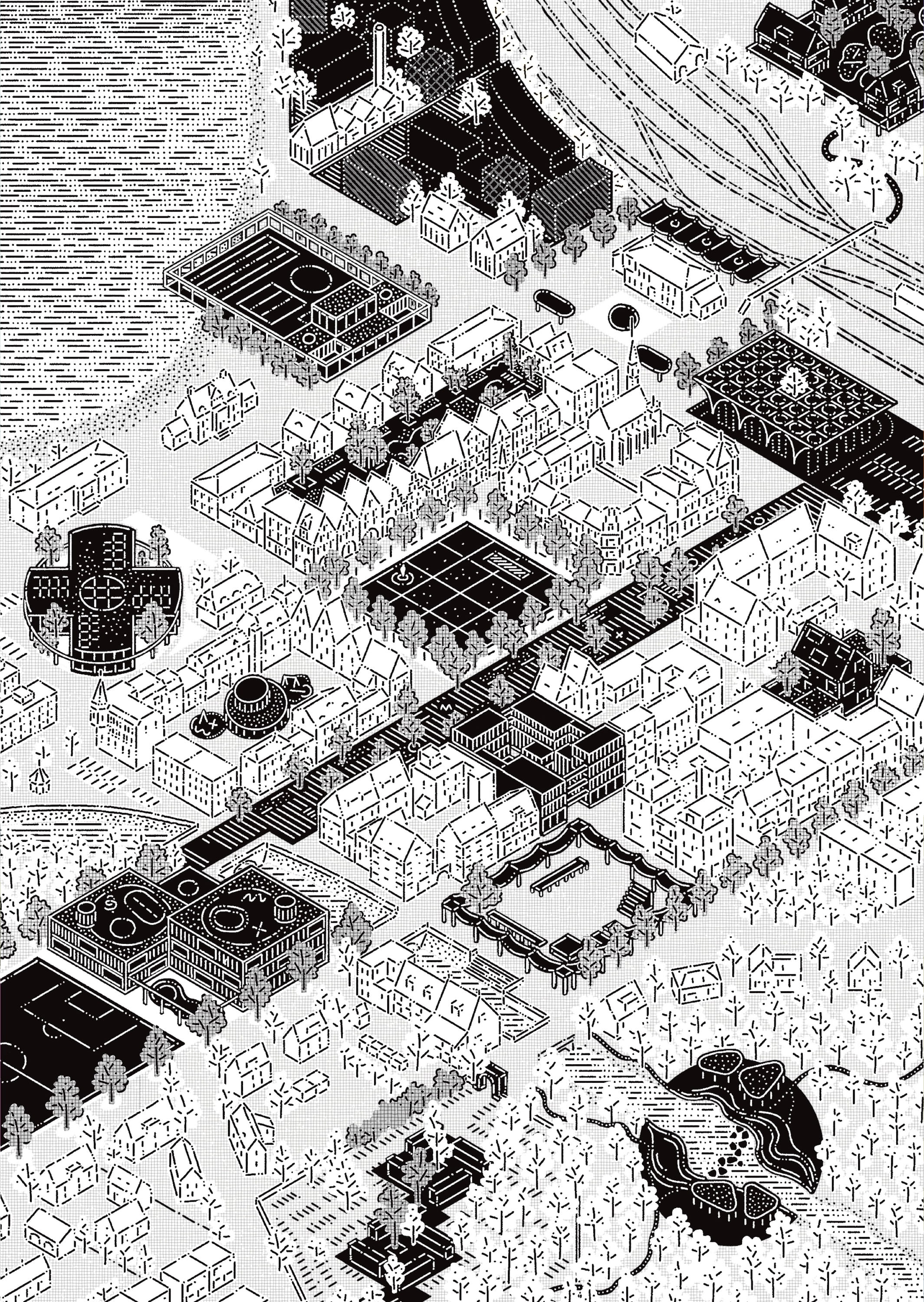 A close-up view of various circuit board components and layout in black and white.