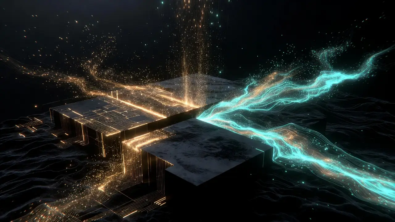 Abstract digital artwork featuring glowing streams of light near geometric shapes, evoking a sense of energy and movement in a dark space.