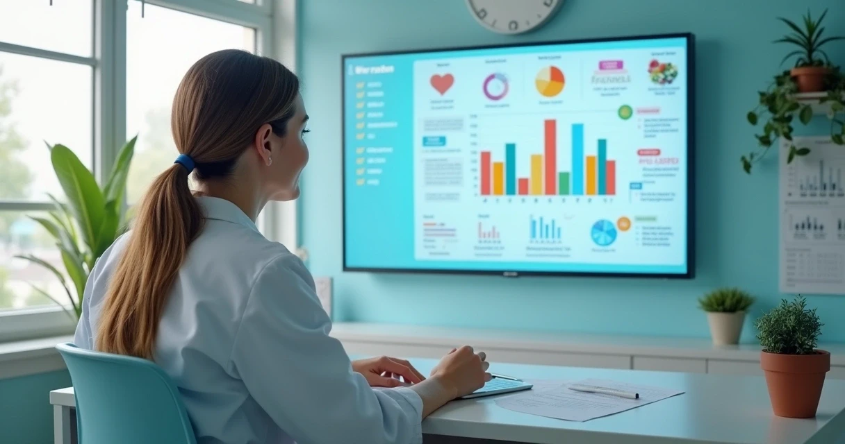 Nutricionista acompanha painel digital com gráficos e mensagens de pacientes 