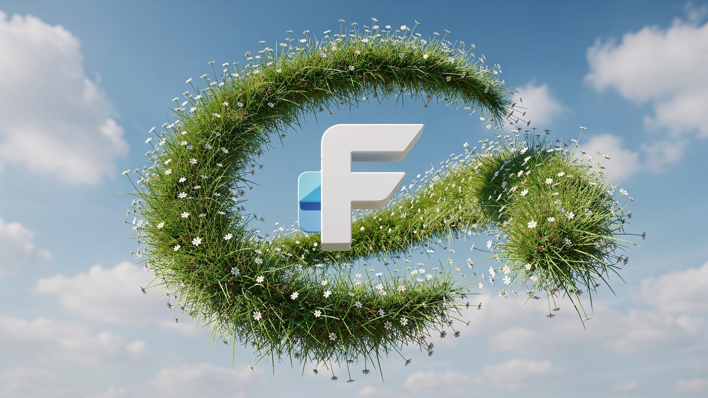 A large white letter "F" floats in a blue sky, encircled by a grassy ring adorned with small white flowers. The scene conveys a sense of freshness and nature.