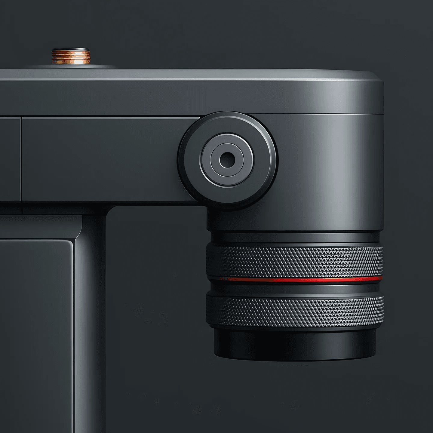 Close up of camera style lens on dark device with feedback mechanisms text
