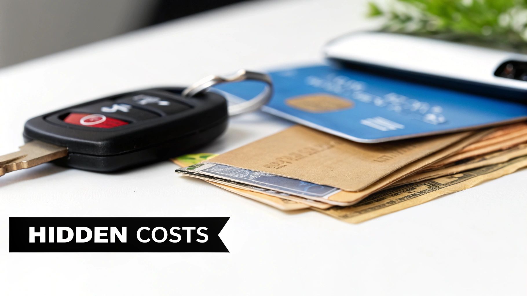 A car key, credit cards, and cash on a table, with a 'HIDDEN COSTS' banner.