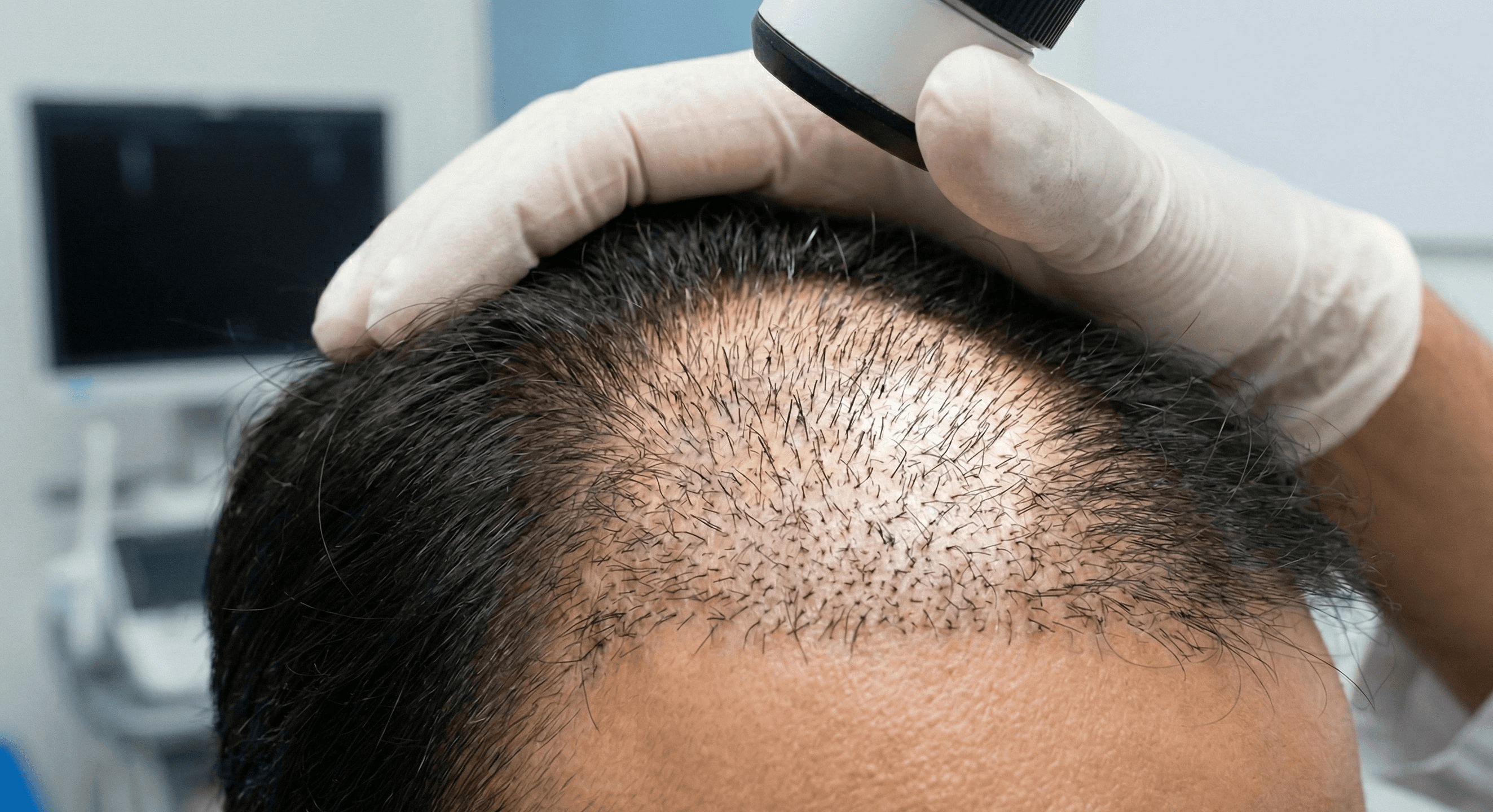[A close-up of a healthy scalp with a focus on a previously bald patch now showing dense, fuzzy new hair growth.]