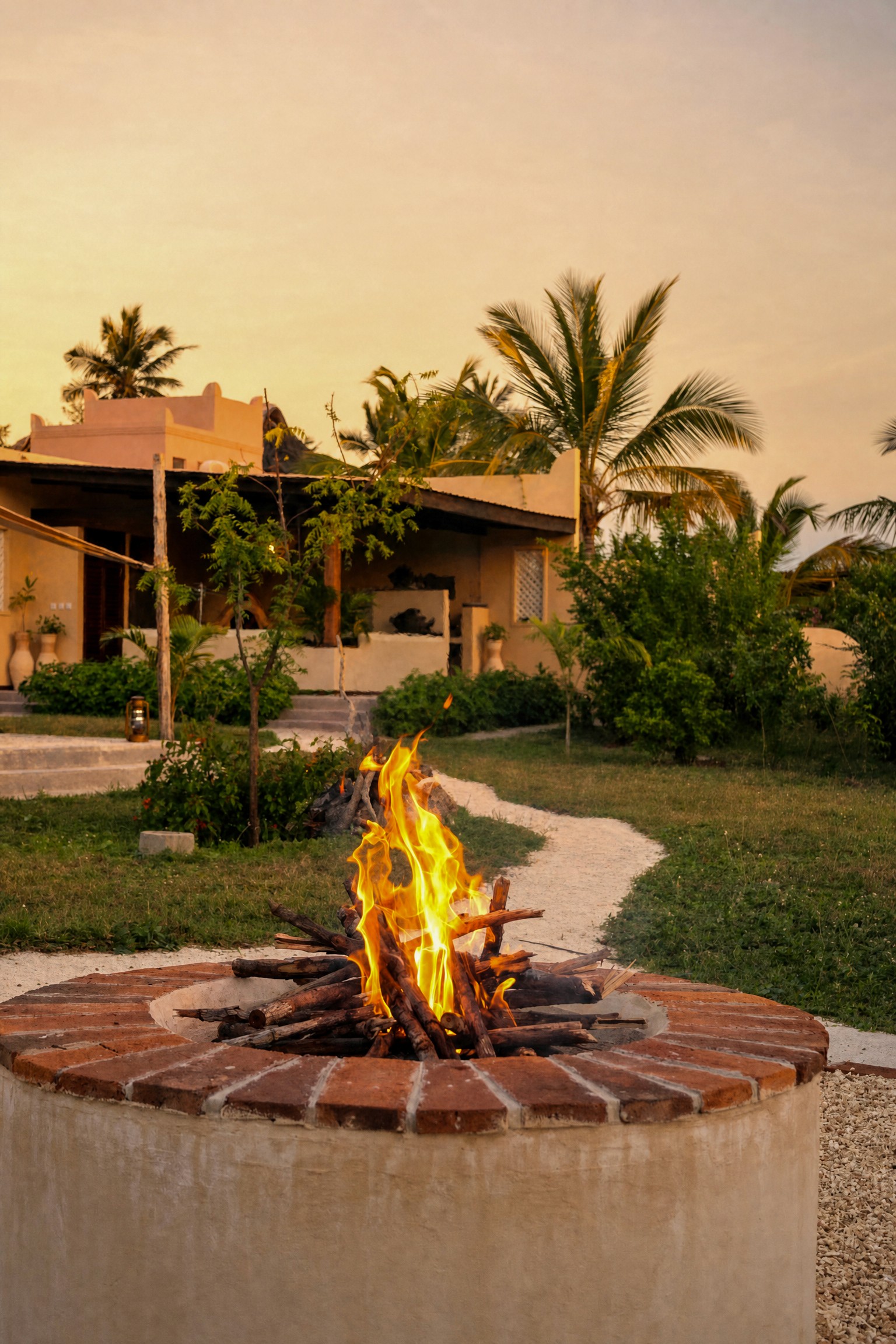 Open-air kitchen pavilion with a wood-fired oven, framed by palm trees at golden hour