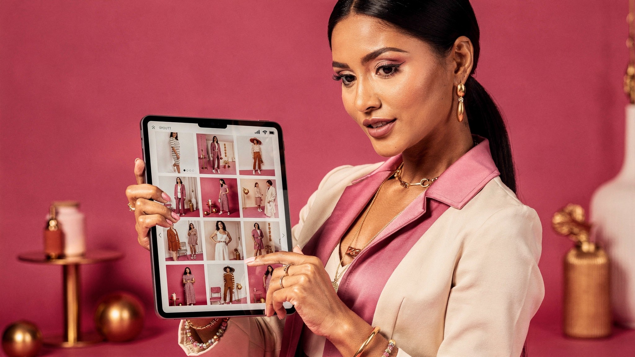 Adult fashion creator reviewing a grid of her own content variations on a tablet, pink studio
