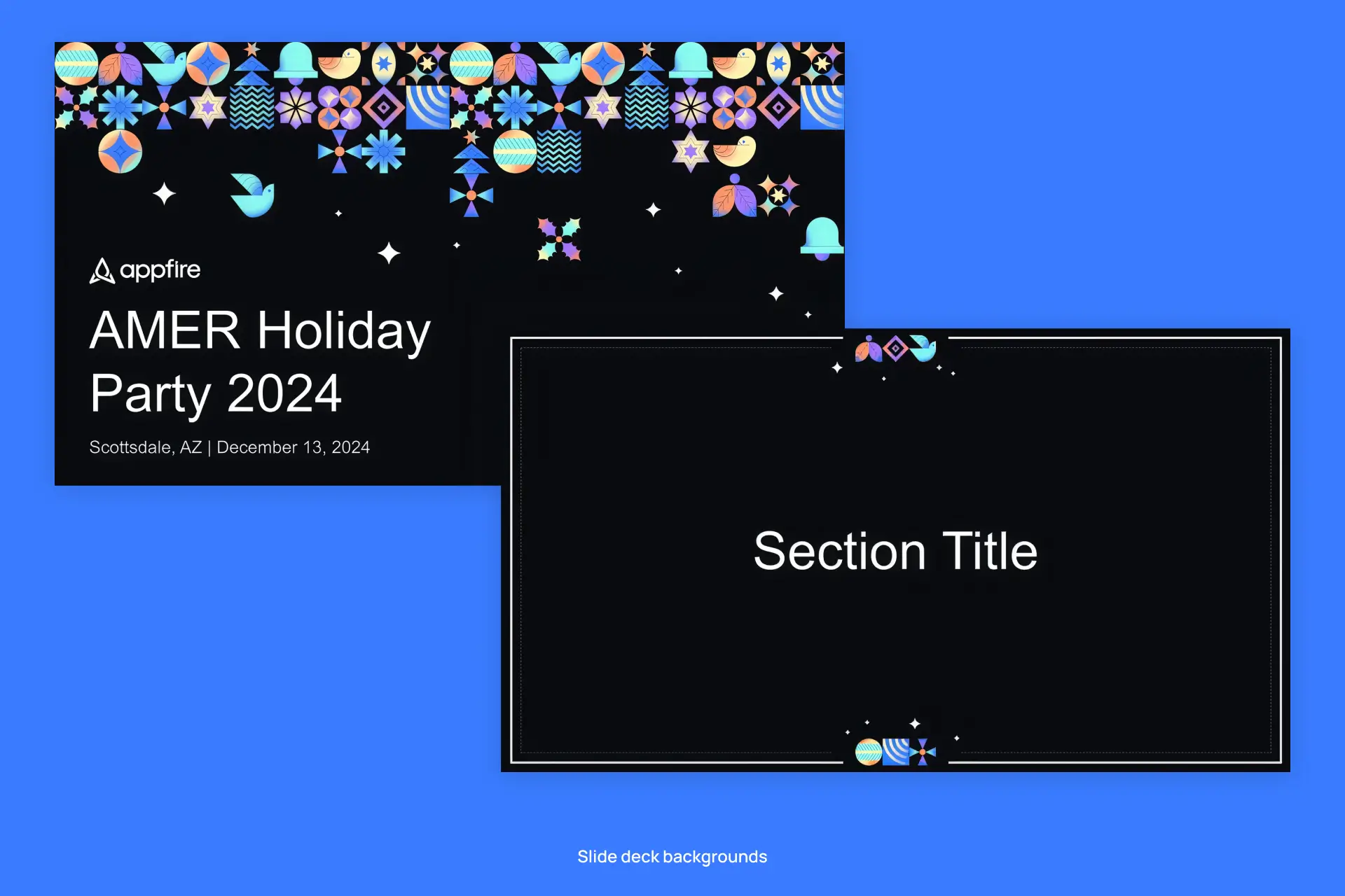 Slide deck with a festive theme for "AMER Holiday Party 2024" in Scottsdale, AZ. Colorful holiday icons adorn the dark background.
