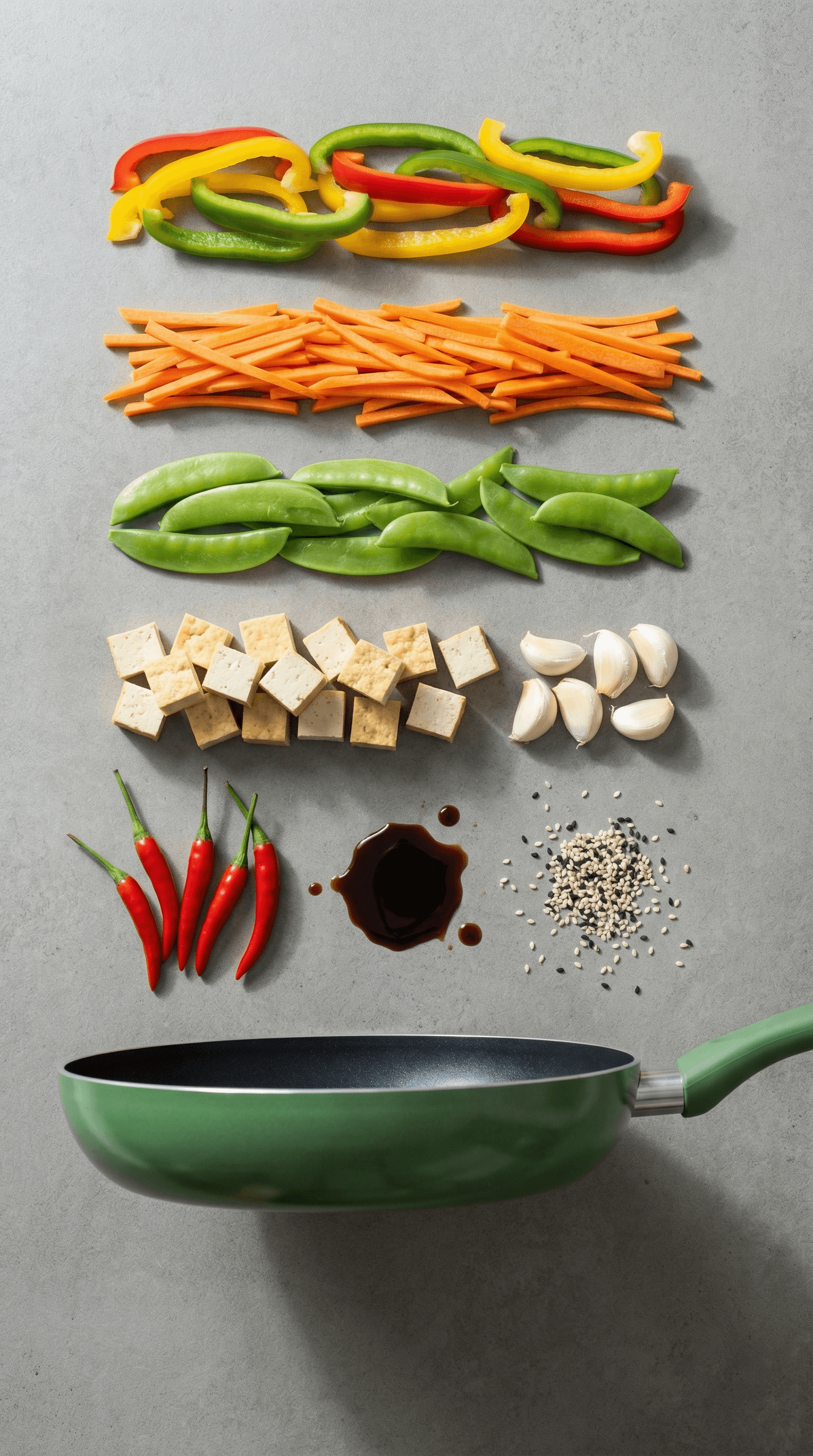 Stir-fry ingredients lined in rows with peppers, carrots, snap peas, tofu, garlic, chili, and soy sauce.