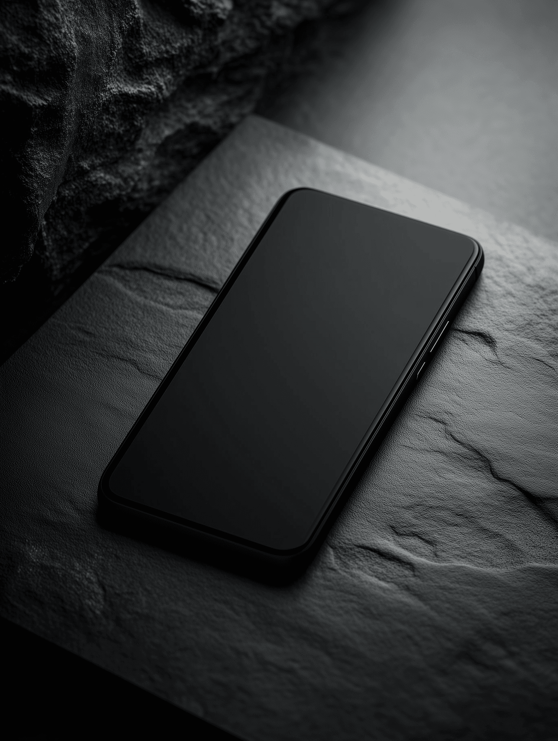 Minimalist black smartphone on a textured slate surface, showcasing sleek design and moody lighting for a modern aesthetic.
