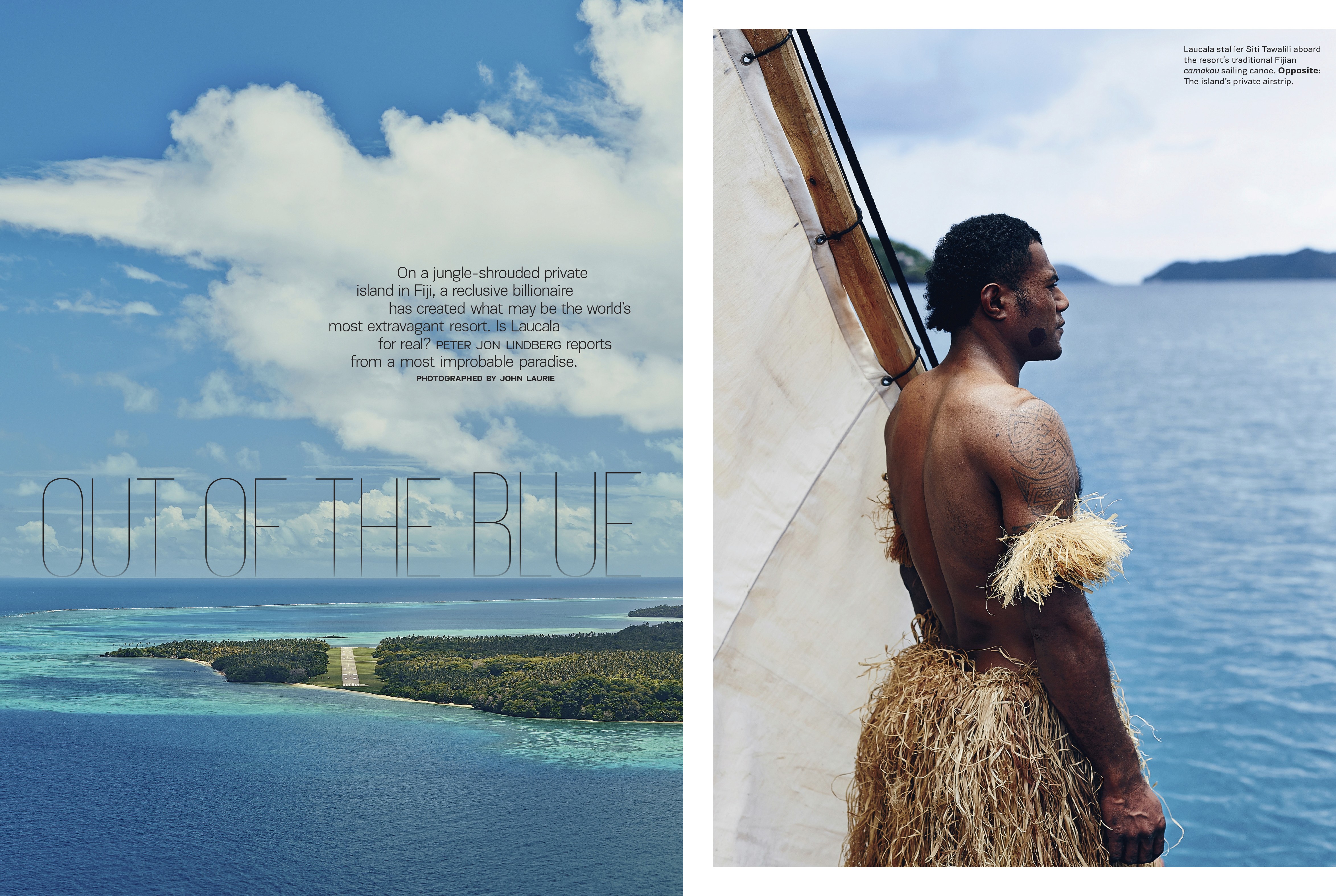 A layout with two images. On the left is a landscape with an airport landing strip in a private Fiji island. On the right, a portrait shot from the back of a man in local attire looking out into the ocean.