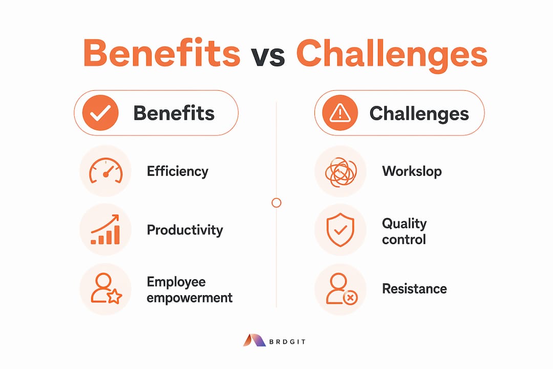 Infographic comparing benefits and challenges of AI augmentation