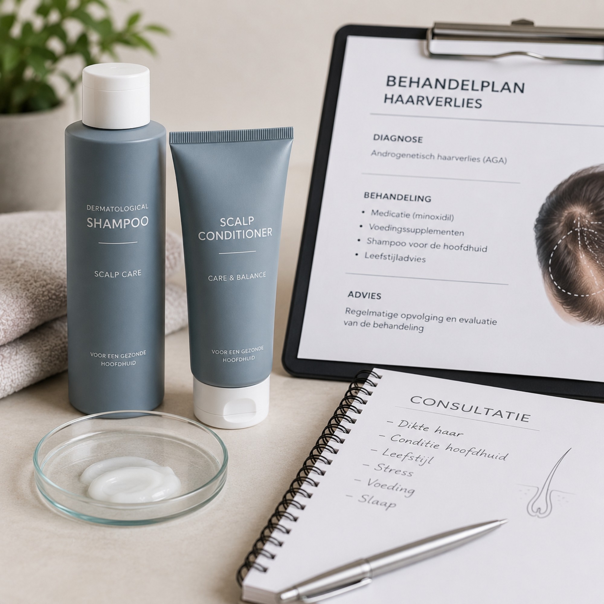 Haarverzorgingsproducten naast een medisch behandelplan en consultnotities, als illustratie van shampoo als ondersteunend onderdeel van een breder behandeltraject bij haarverlies.