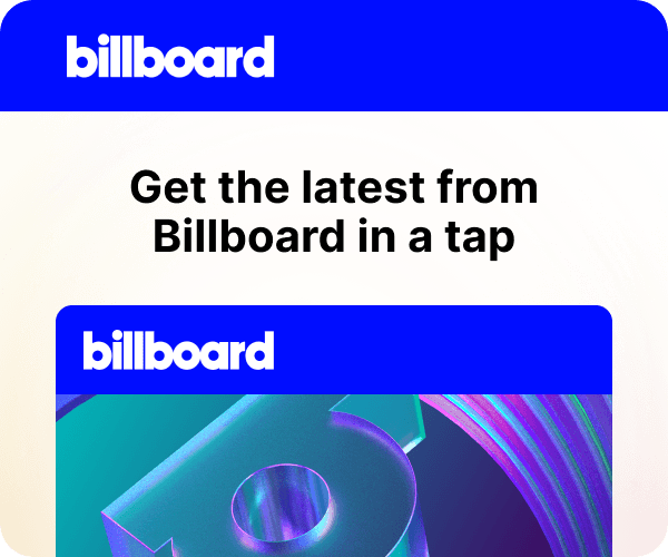 Billboard  window mockup with text "Get the latest from Billboard in a tap"