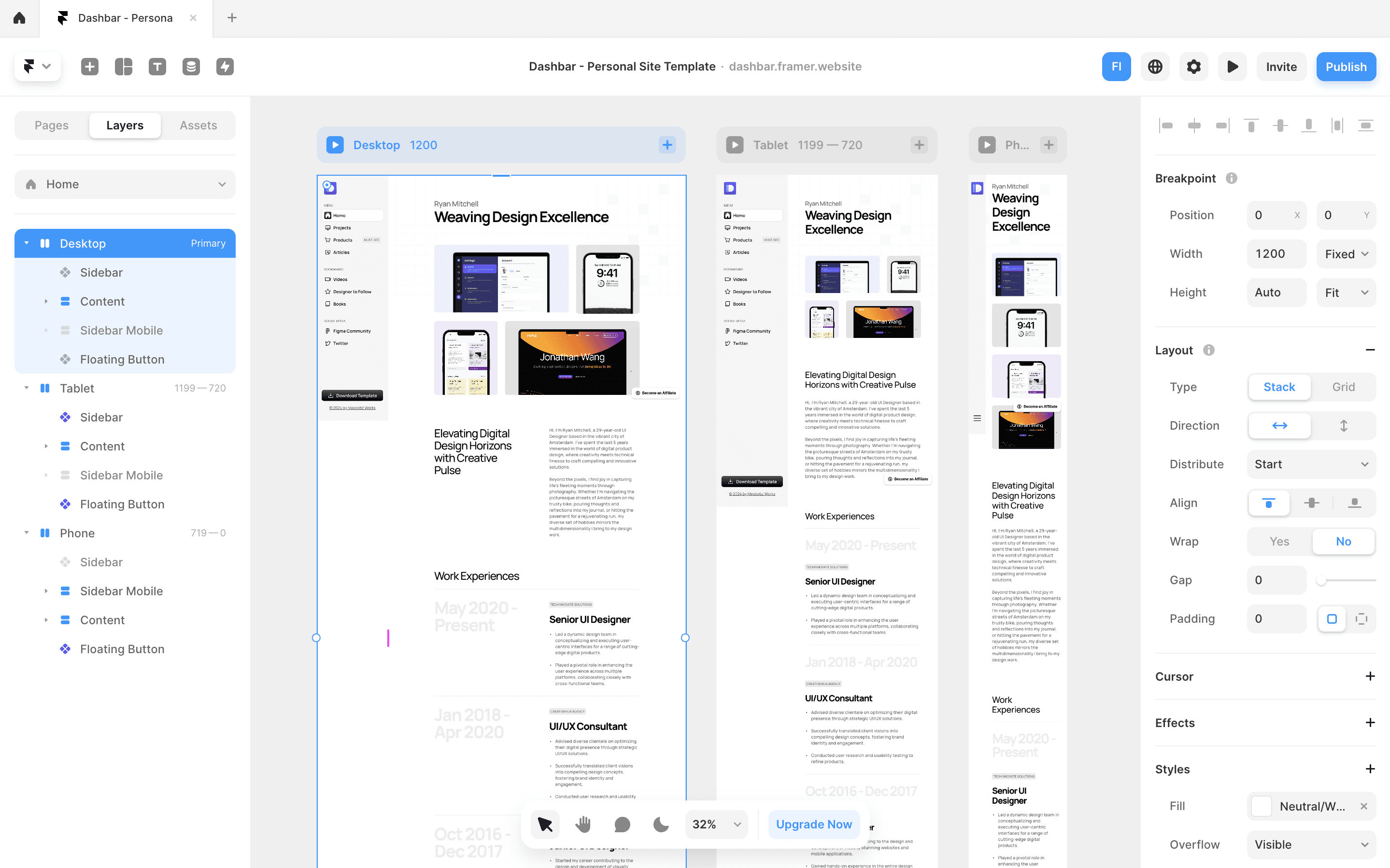 Dashbar Framer Template displayed in a Framer