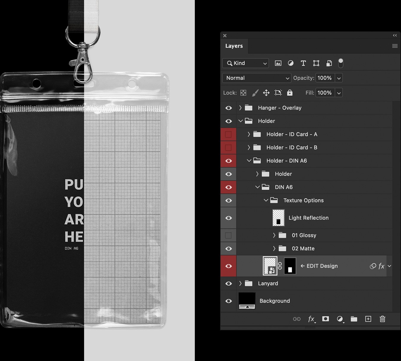 Detailed view of the Photoshop layers panel for editing the lanyard and ID badge design