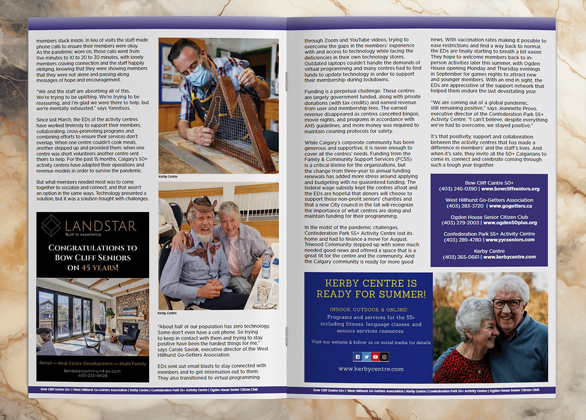 A magazine 2-page spread showcasing an ad on one page