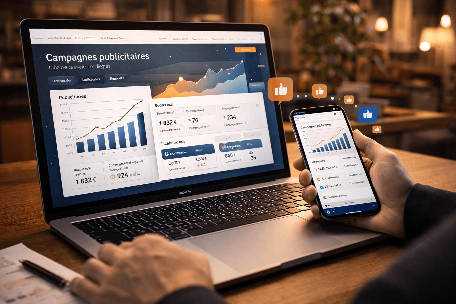 Modern bathroom featuring a walk-in shower, wooden vanity, round mirror, and elegant marble tiles.