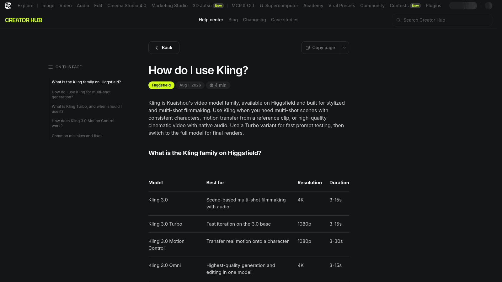 Higgsfield Creator Hub help center documentation page explaining the Kling video model family features and usage.