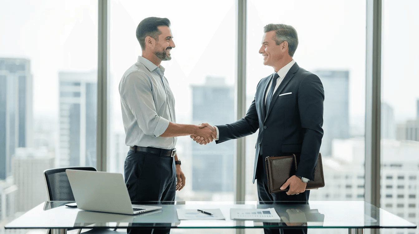 A business owner is shaking hands with a finance professional in a modern office setting, symbolizing a partnership focused on exploring asset finance options. This interaction reflects the importance of securing favorable finance rates and structured agreements to enhance business cash flow and support growth.