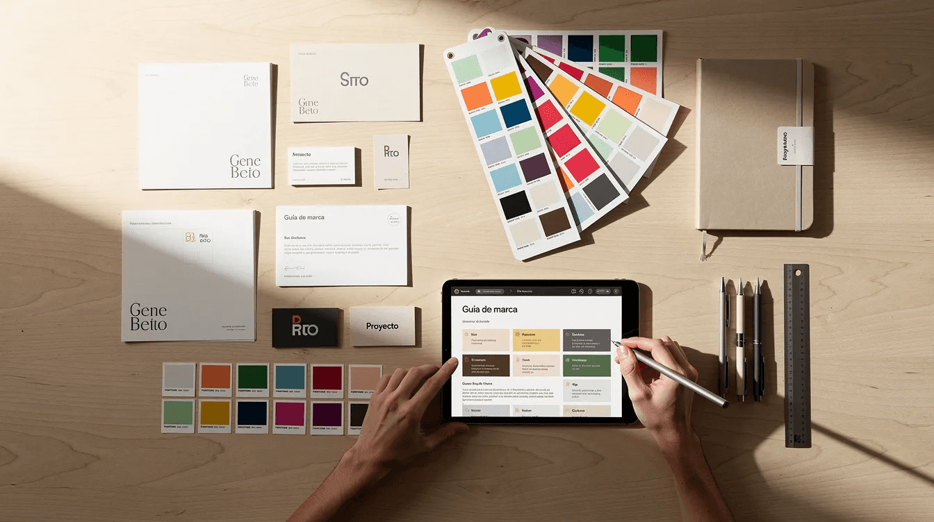 Imagen de manos organizando materiales de marca, como muestras de color y bocetos, sobre una mesa de madera. Esta escena refleja el proceso de rediseño de marcas, donde se toman decisiones clave para la identidad visual de una empresa.