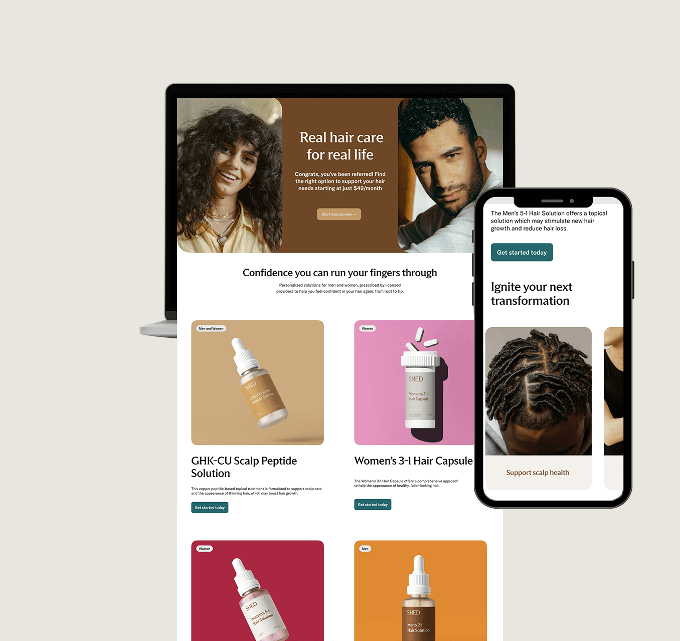 Hair care website displayed on laptop and smartphone.