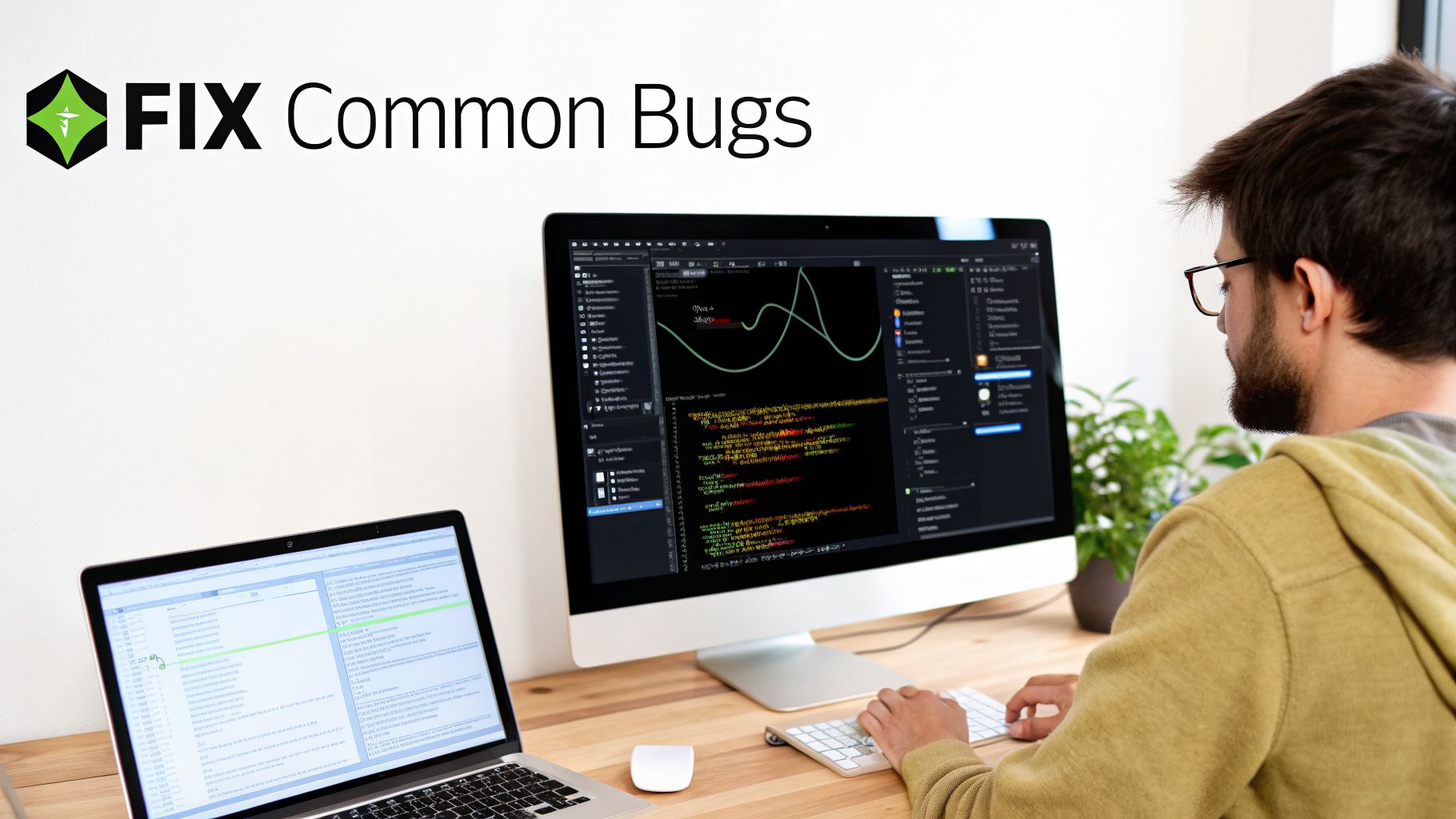 A developer with glasses and a hoodie coding on a desktop computer with a laptop.