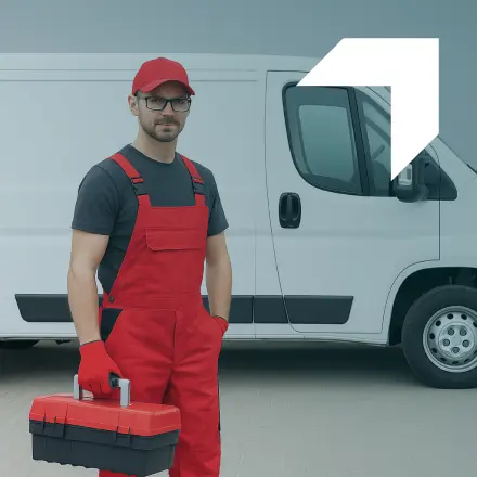 Contractor in red coveralls holding a toolbox standing beside a white service van — representing GIA Group, LLC’s contractor auto insurance.