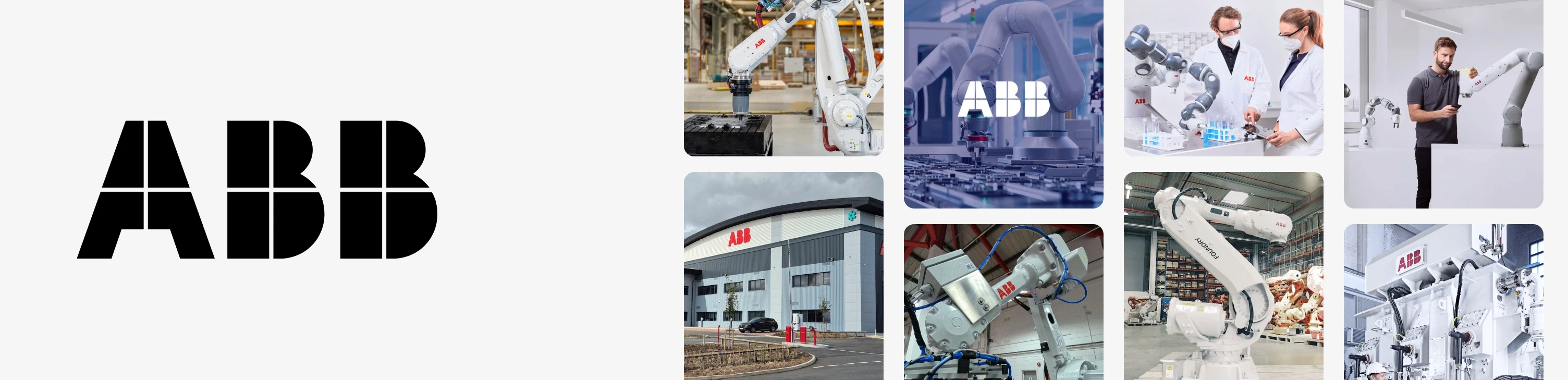 ABB logo beside photographs of industrial robot arms in production, laboratory automation and collaborative robotics.