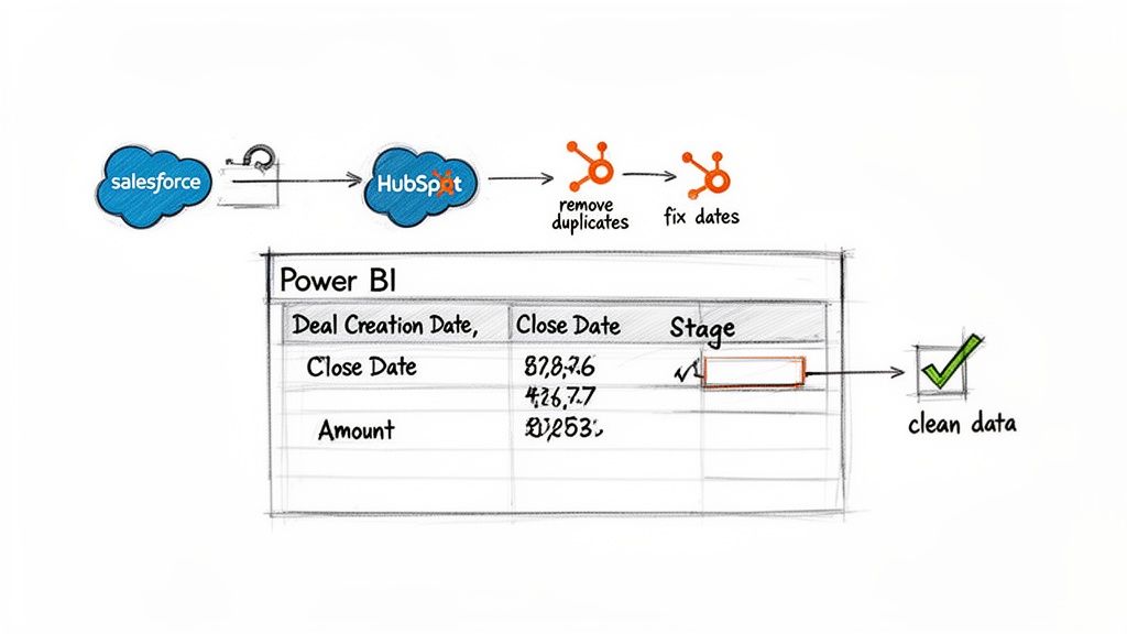 Diagram illustrating data integration from Salesforce and HubSpot to Power BI with cleaning processes.