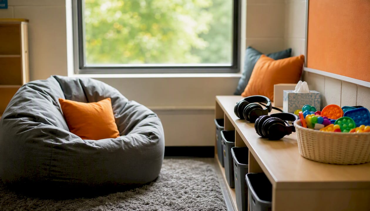 Sensory-friendly classroom corner with beanbag