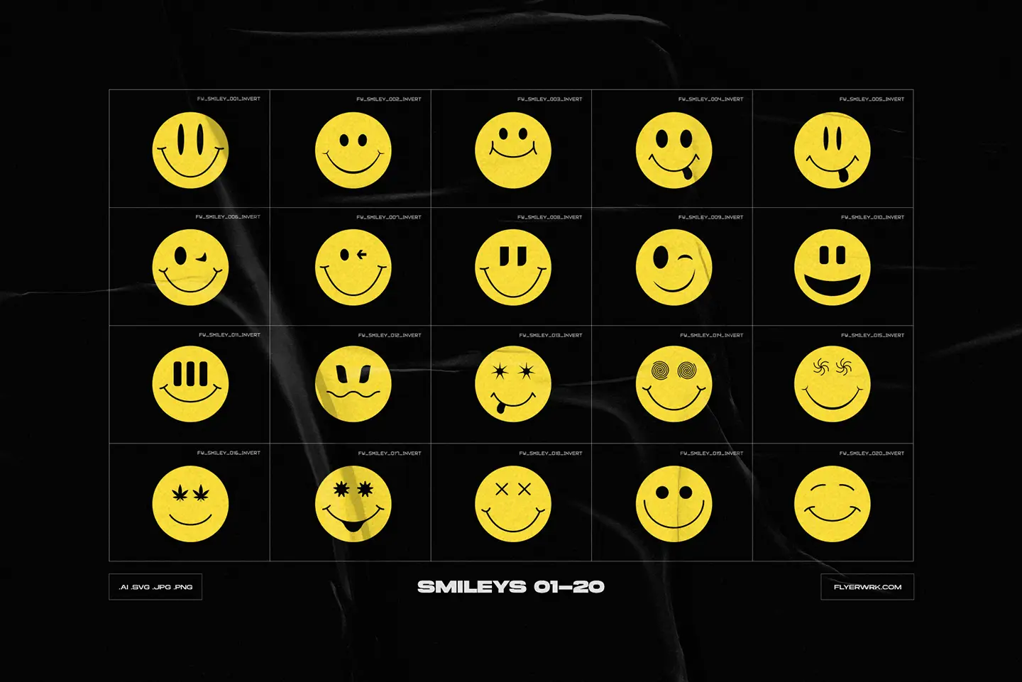Y2K Abstract Acid smiley icons set 01 to 20 vector preview
