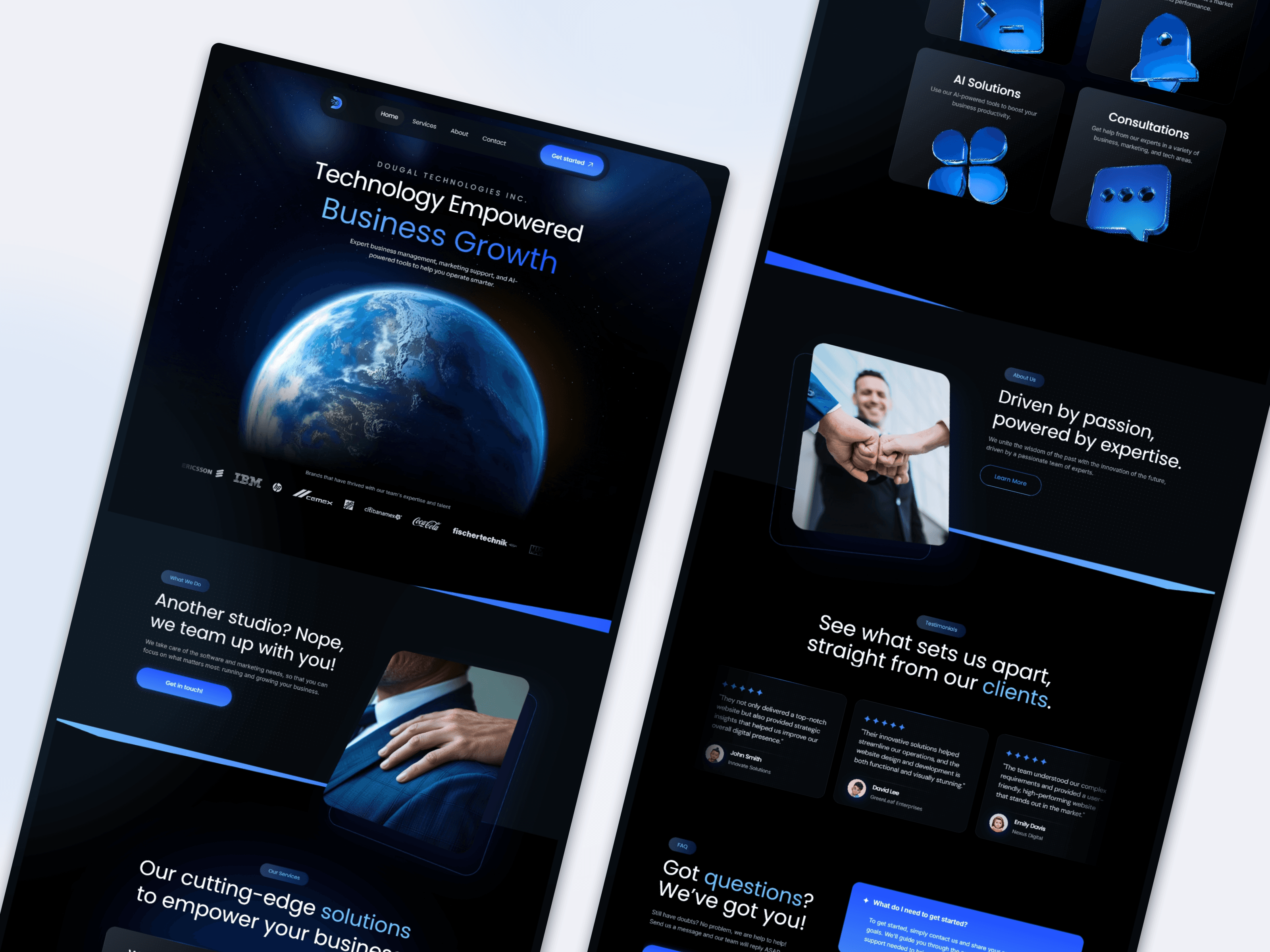 A collage of UI mockups for a technology agency's website, featuring a prominent globe graphic with the text 'Technology Empowered Business Growth', images of business professionals, and sections for client testimonials, all presented in a dark blue and black theme.